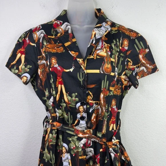Danielle Amelie Dress XL Black Western Cowgirl Rockabilly Novelty Pinup Cactus - Picture 3 of 14